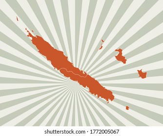 New Caledonia map. Poster with map of the country in retro color palette. Shape of New Caledonia with sunburst rays background. Vector illustration.