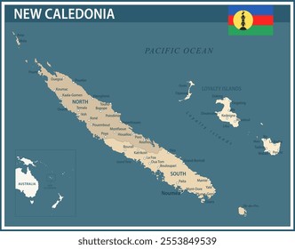 New Caledonia Map Vector Vintage Dark Blue Beige - Customizable layered political map of New Caledonia with administrative divisions for website, education, reports, news, politics, print, poster