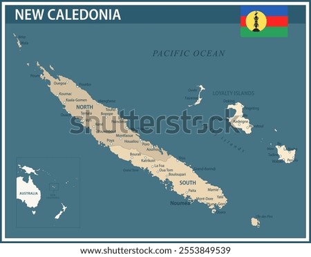 New Caledonia Map Vector Vintage Dark Blue Beige - Customizable layered political map of New Caledonia with administrative divisions for website, education, reports, news, politics, print, poster