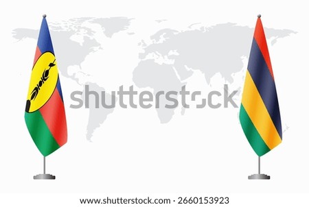 New Caledonia and Mauritius flags for official meeting against background of world map.