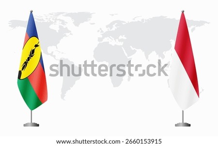 New Caledonia and Monaco flags for official meeting against background of world map.