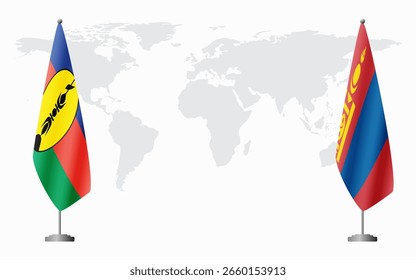 Banderas de Nueva Caledonia y Mongolia para reunión oficial con el fondo del mapa mundial.