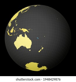 Nueva Caledonia en el globo oscuro con mapa del mundo amarillo. País resaltado con color azul. La proyección mundial por satélite se centró en Nueva Caledonia. Ilustración vectorial atractiva.