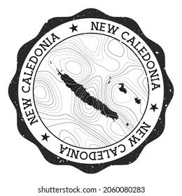 New Caledonia outdoor stamp. Round sticker with map of country with topographic isolines. Vector illustration. Can be used as insignia, logotype, label, sticker or badge of the New Caledonia.