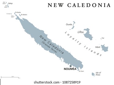 New Caledonia political map, capital Noumea. Collectivity of France in Pacific Ocean. Archipelago. Main Island Grand Terre and Loyalty Islands. English labeling. Gray illustration over white. Vector.