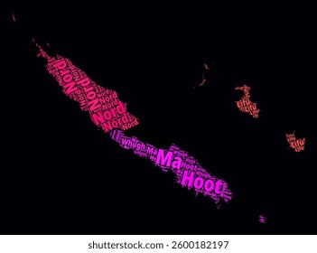 New Caledonia Regions Word Clouds. Bright neon style design on dark background. Region names of the country in French language. Country shape with administrative division.