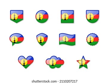 New Caledonia - set of shiny flags of different shapes. Vector illustration