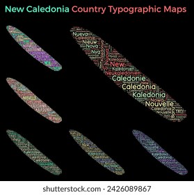 New Caledonia. Set of typography style country illustrations. New Caledonia map shape build of horizontal and vertical country names. Vector illustration.