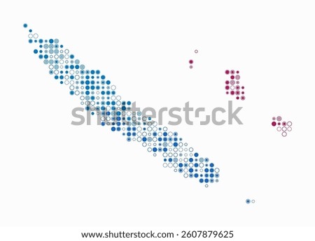 New Caledonia, shape of the country built of colored cells. Digital style map of New Caledonia on a white background. Small size circle blocks. Artistic vector illustration.