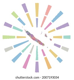 New Caledonia sunburst. Low poly striped rays and map of the country. Awesome vector illustration.