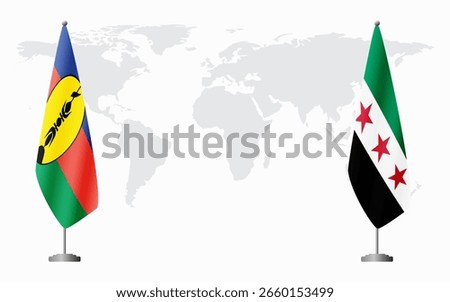 New Caledonia and Syria flags for official meeting against background of world map.