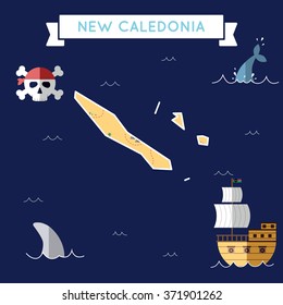 New Caledonia treasure map in flat design. Colorful cartoon treasure map of New Caledonia with flat design icons of pirate ship and jolly roger. New Caledonia flat design vector illustration.