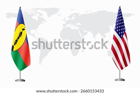 New Caledonia and USA flags for official meeting against background of world map.