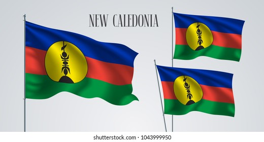 New Caledonia waving flag set of vector illustration. Three stripes and circle of New Caledonia wavy realistic flag as a patriotic symbol