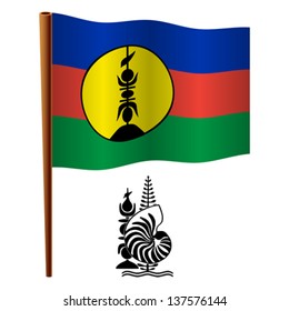 new caledonia wavy flag and coat of arms against white background, vector art illustration, image contains transparency