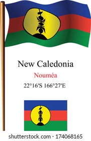 new caledonia wavy flag and coordinates against white background, vector art illustration, image contains transparency