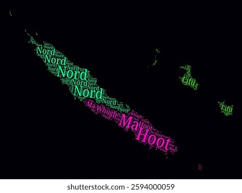 New Caledonia Word Cloud. Region names of the country in French language. Bright neon style design on dark background. New Caledonia shape with administrative division. Modern vector illustration.