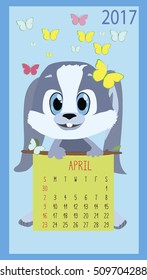 New calendar 2017. April. Vector illustration with funny rabbit.