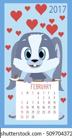 New calendar. 2017. February. Vector illustration with funny rabbit.