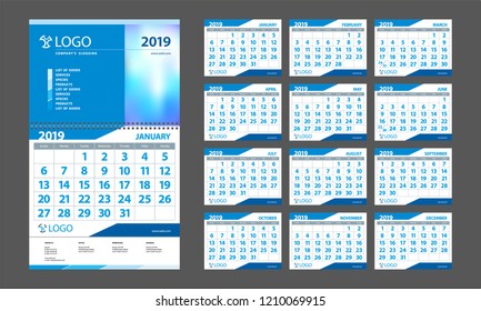 New calendar 2019 for business. Stylish, concise, for construction, pipe, industrial company. Color: blue, gray, white.