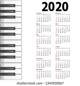 New calendar 2020 with a musical background piano keys