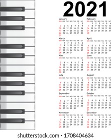 New calendar 2021 with a musical background piano keys