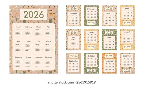 New calendar 2026. Calendar on the background of a pattern with instruments. Construction tools in front of a new calendar. 2026. Calendar at the beginning of Sunday. 
