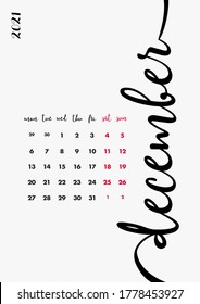 New Calendar Design 2021 Year. Page 13 - December. Creative Desk, Wall, Office Calendar 2021. Diary Planner 2021. Personal Organizer Company Calendar 2021. Calligraphy, Printable and Editable Layout.