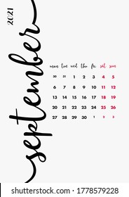 New Calendar Design 2021 Year. Page 10 - September. Creative Desk, Wall, Office Calendar 2021. Diary Planner 2021. Personal Organizer Company Calendar 2021. Calligraphy, Printable and Editable Layout.