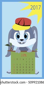 New calendar. June. Vector illustration with funny rabbit.