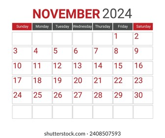 nuevo calendario Noviembre 2024 Lunes negro y rojo Inicio Paisajista Monthly Planner, Lunes Inicio Calendario 2024, Landscape Organizer, 2024 