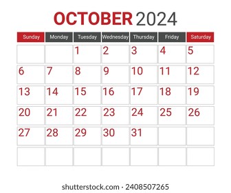 nuevo calendario Octubre 2024 Lunes negro y rojo Inicio Paisajista Monthly Planner, Lunes Inicio Calendario 2024, Landscape Organizer, 2024 