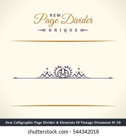New Calligraphic Page Divider and Element of vintage ornament. Elements for retro logo and vector crest, decorative border line. Gold royal border book