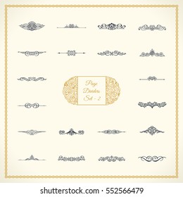 New Calligraphic Page Divider Set And Element Of Vintage Ornament. Elements For Retro Logo And Vector Crest, Decorative Border Line. Gold Royal Border Book