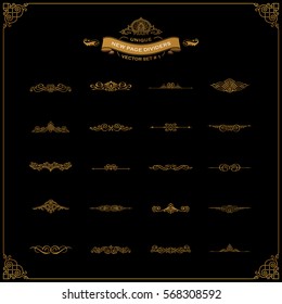 New Calligraphic Page Divider set and Element of vintage ornament. Elements for retro logo and vector crest, decorative border line. Gold royal book. Tattoo body and border