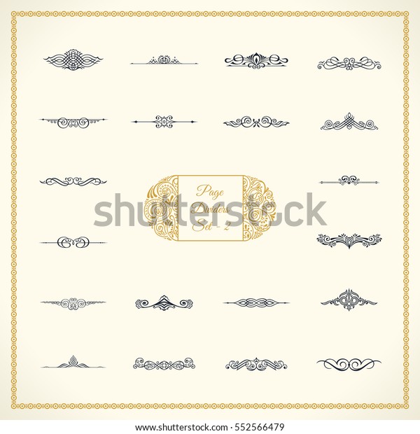New Calligraphic Page Divider set\
and Element of vintage ornament. Elements for retro logo and vector\
crest, decorative border line. Gold royal border\
book