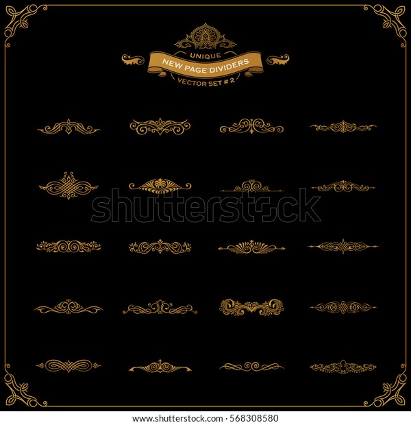 New\
Calligraphic Page Divider set and Element of vintage ornament.\
Elements for retro logo and vector crest, decorative border line.\
Gold royal border book. Style body\
tattoo