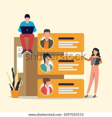 New candidates prepare job application files to be reviewed by the company's human resource team. HRD. Interview. Review. Employee. Vector colorful illustration. Illustrator.