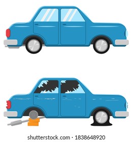 New car and broken car. Visual images before and after vehicle repair. Vector illustration for websites, prints and stationery.