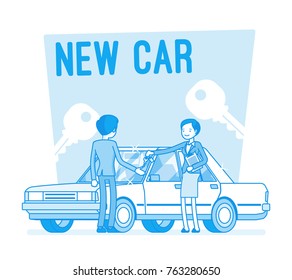 New Car Buying. Young Man With An Exciting Purchase Of A New Auto In Center Of Local Dealer, Pretty Saleswoman Giving Him Keys, Making Contract Of Sale. Vector Business Concept Line Art Illustration