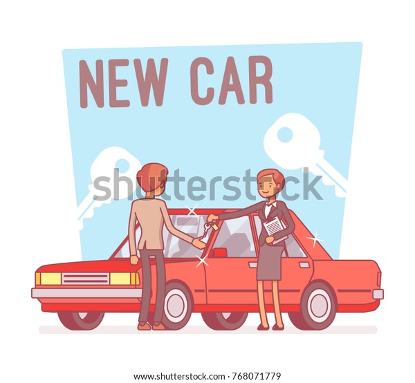 New car buying. Young man with an exciting\
purchase of a new auto in center of local dealer, pretty saleswoman\
giving him keys, making contract of sale. Vector business concept\
line art illustration