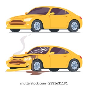 New car, crashed automobile after accident set. Auto vehicle with cracked windshield, crumpled bumper, smoke after collision crash. Transportation, transport damage insurance flat vector illustration