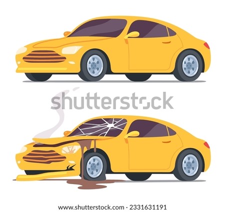 New car, crashed automobile after accident set. Auto vehicle with cracked windshield, crumpled bumper, smoke after collision crash. Transportation, transport damage insurance flat vector illustration