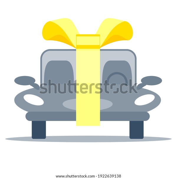 New car with gold bow ribbon as\
a present. Illustration on white background in flat\
style.
