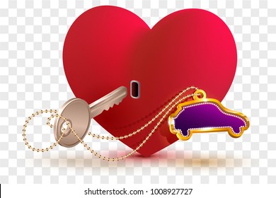 New car is key to heart of your beloved. Red heart shape lock and key. Isolated on transparent background vector illustration