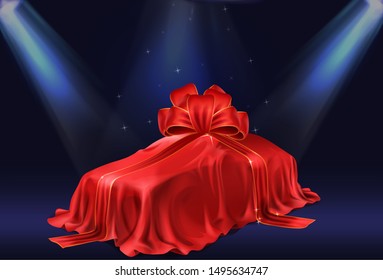 New car presentation, automobile lottery prize, expensive gift 3d realistic vector concept. Passenger car covered red satin, silk veil with ribbon bow, illuminated stage searchlights illustration