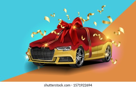 New car presentation, automobile lottery prize, expensive gift 3d realistic vector concept. Passenger car covered red satin, silk veil with ribbon bow, illuminated stage searchlights illustration