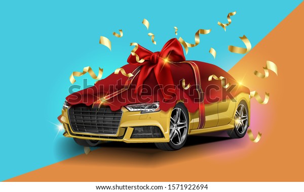 New car presentation, automobile lottery\
prize, expensive gift 3d realistic vector concept. Passenger car\
covered red satin, silk veil with ribbon bow, illuminated stage\
searchlights illustration