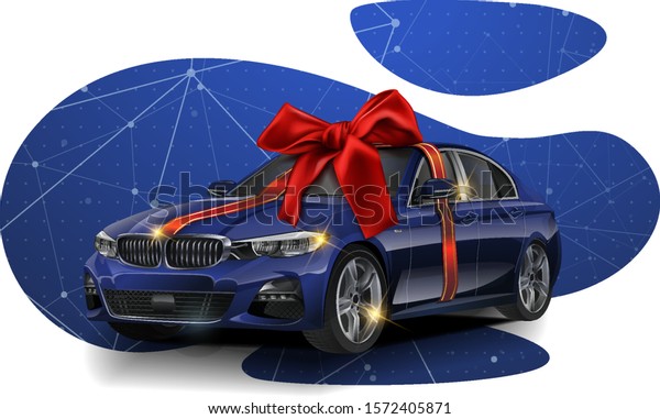 New car presentation, automobile lottery\
prize, expensive gift 3d realistic vector concept. Passenger car\
covered red satin, silk veil with ribbon bow, illuminated stage\
searchlights illustration