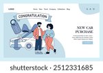 New Car Purchase concept. Couple celebrates buying a new vehicle with a giant key. Contentment with milestone achievement, ownership pride. Vector illustration.